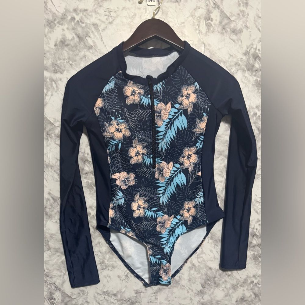Shein one piece swim top long sleeve Navy Floral Size 160